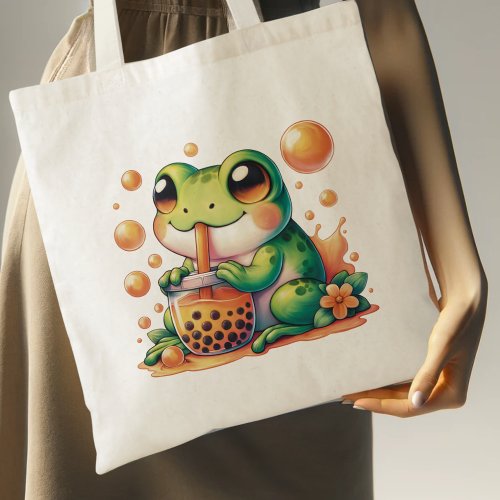 Green Frog Drinking Orange Boba Bubble Tea Tote Bag