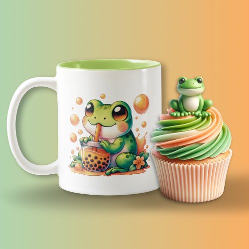 Green Frog Drinking Orange Boba Bubble Tea Two_Tone Coffee Mug