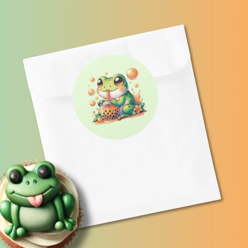 Green Frog Drinking Orange Boba  Classic Round Sticker