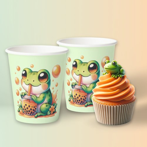 Green Frog Drinking Orange Boba  Paper Cups