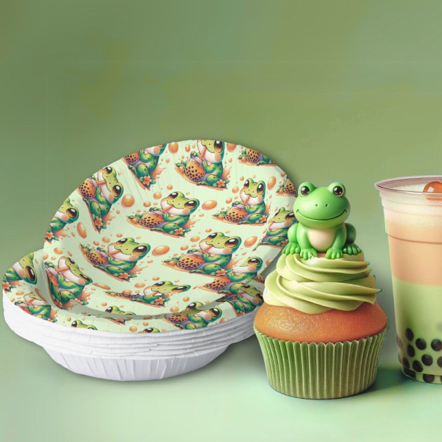 Green Frog Drinking Orange Boba Pattern Paper Bowls (Creator Uploaded)