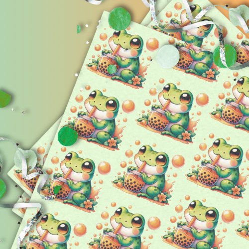 Green Frog Drinking Orange Boba Pattern Tissue Paper