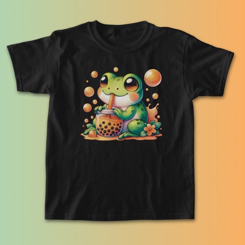 Green Frog Drinking Orange Boba  T_Shirt