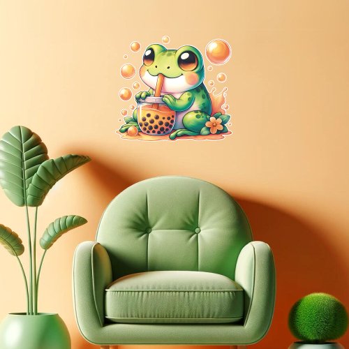 Green Frog Drinking Orange Boba  Wall Decal