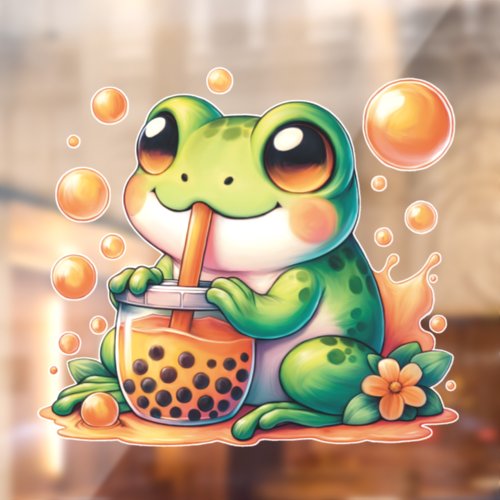 Green Frog Drinking Orange Boba  Window Cling