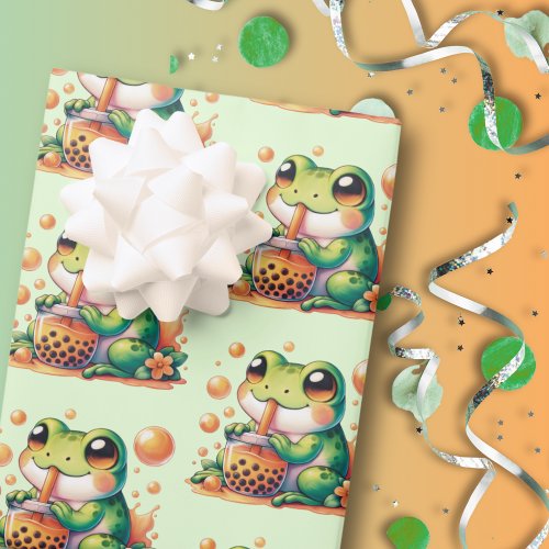 Green Frog Drinking Orange Boba  Wrapping Paper Sheets