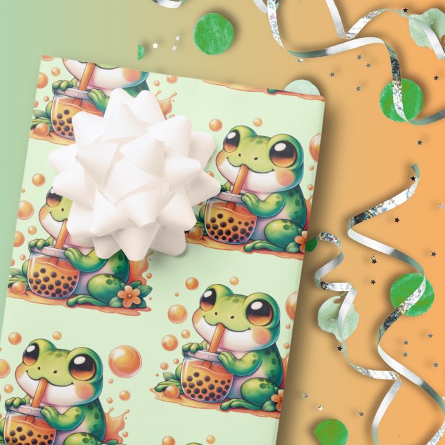 Green Frog Drinking Orange Boba  Wrapping Paper Sheets (Creator Uploaded)