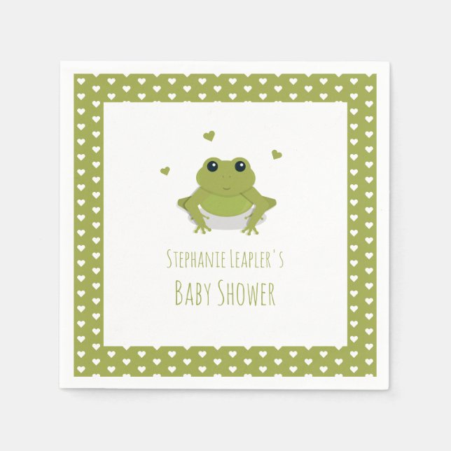 Green Frog Hearts Name Baby Shower Napkins (Front)