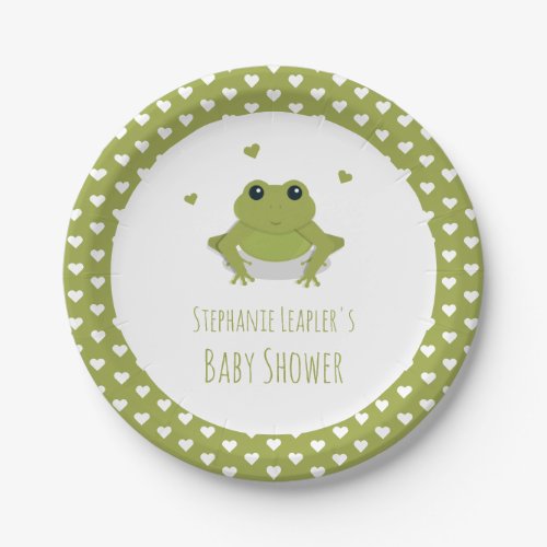 Green Frog Hearts Name Baby Shower Paper Plates