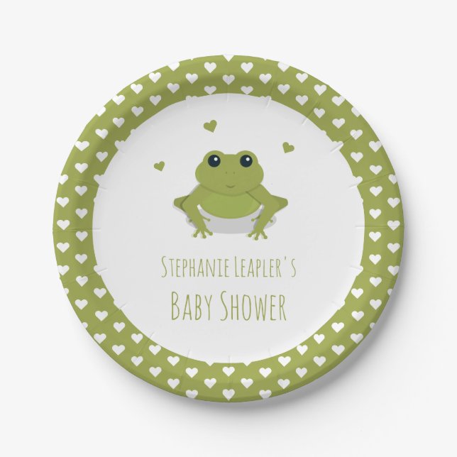 Green Frog Hearts Name Baby Shower Paper Plates (Front)