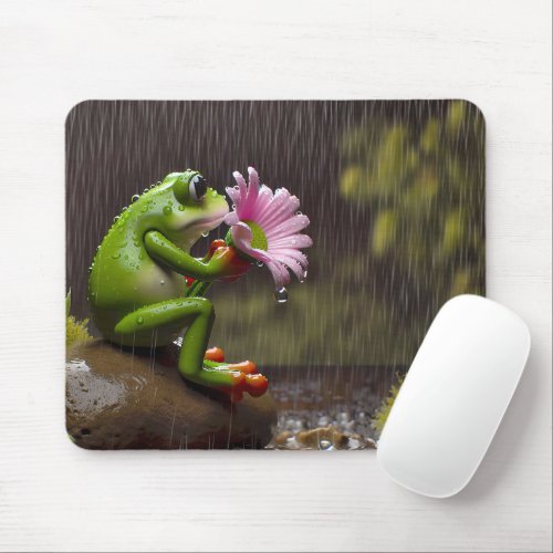 Green Frog Holding a Pink Daisy Mouse Pad