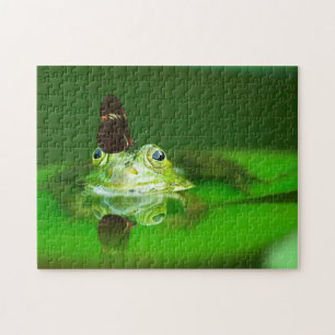 Green Frog in a pond with butterfly, Jigsaw Puzzle