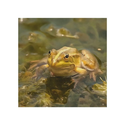 Green Frog In Shallow Water Acrylic Painting Wood Wall Art