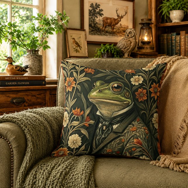 Green Frog in Victorian Gentleman's Clothing Throw Pillow (Creator Uploaded)