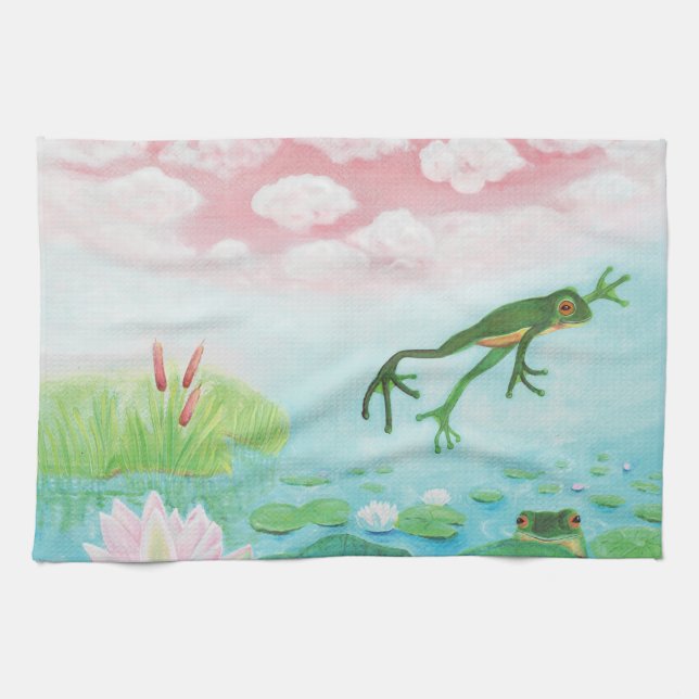 Green Frog Jumps Into The Pond Illustration   Kitchen Towel (Horizontal)