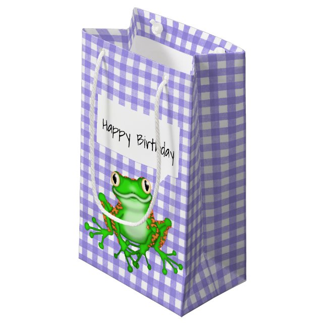 Green Frog on Purple Gingham Small Gift Bag (Front Angled)