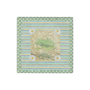 Green Frog on Sage and Teal Stripes Collage Stone Magnet