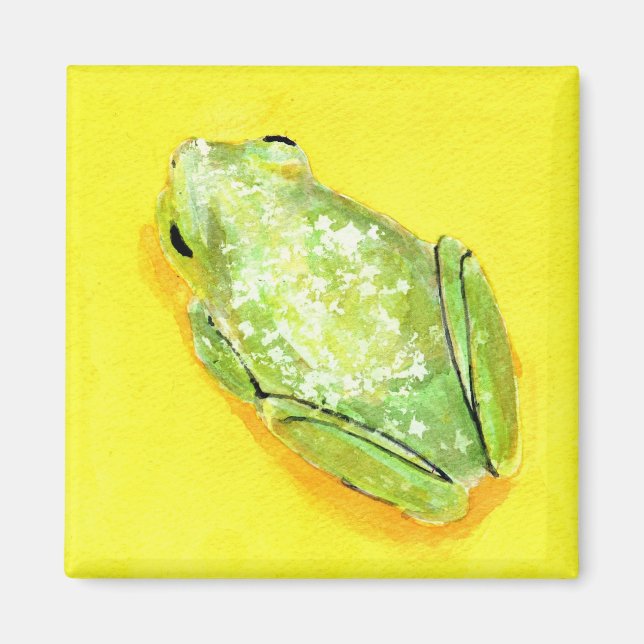Green frog on yellow background watercolour magnet (Front)