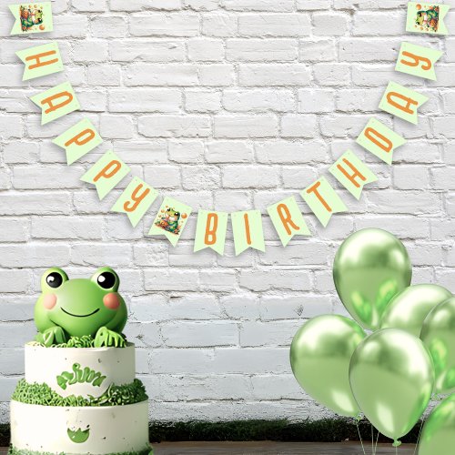 Green Frog Orange Boba Bubble Tea Happy Birthday Bunting Flags