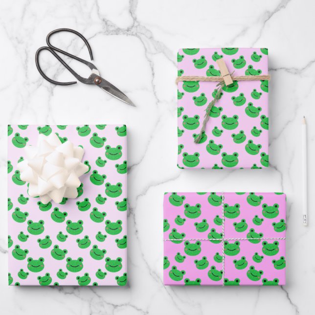 Green Frog Pattern Pink  Wrapping Paper Sheets (Front)