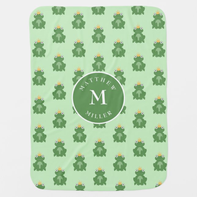 Green Frog Prince Baby Blanket with Name, Initial (Front)