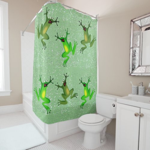 Green Frog Raindrops Abstract  Shower Curtain