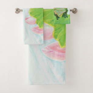 Green Frog Relaxing in the pond Bath Towel Set
