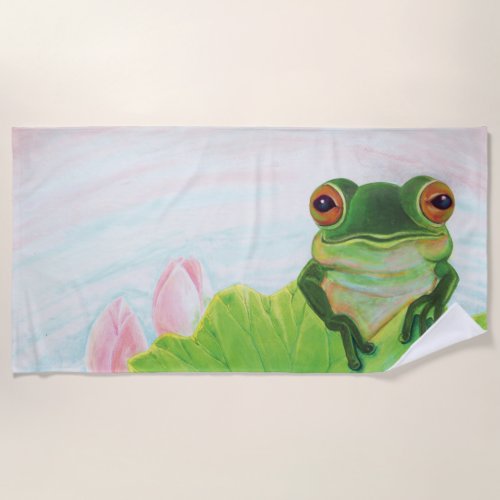 Green Frog Relaxing in the pond  Beach Towel