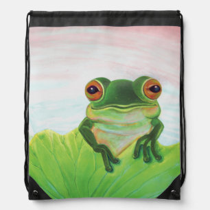 Green Frog Relaxing in the pond Drawstring Bag