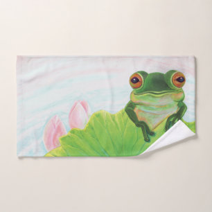 Green Frog Relaxing in the pond Hand Towel