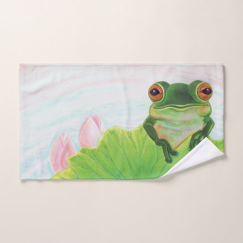 Green Frog Relaxing in the pond  Hand Towel