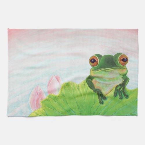 Green Frog Relaxing in the pond  Kitchen Towel