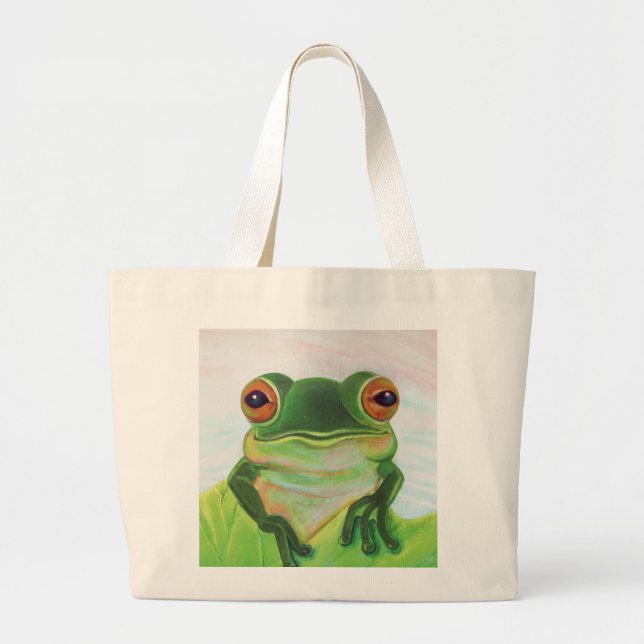 Green Frog Relaxing in the pond  Large Tote Bag (Front)