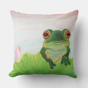 Green Frog Relaxing in the pond  Throw Pillow