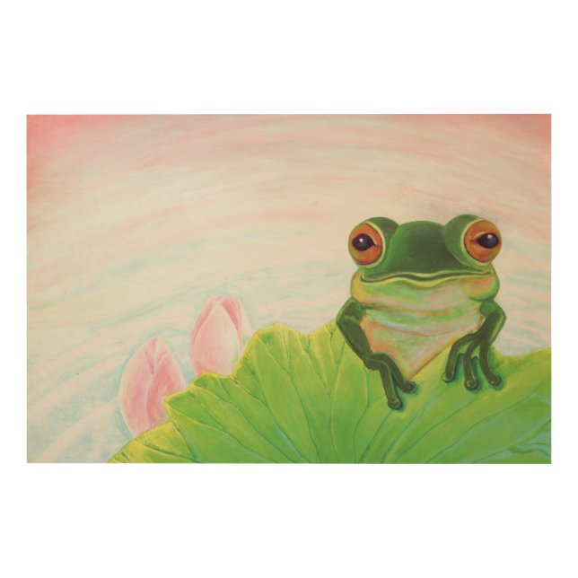 Green Frog Relaxing in the pond Wood Wall Art (Front)