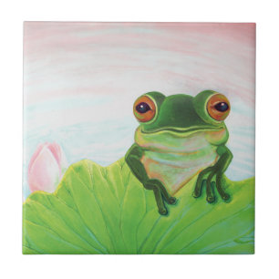 Green Frog Relaxing on the safety of the lily pad Ceramic Tile