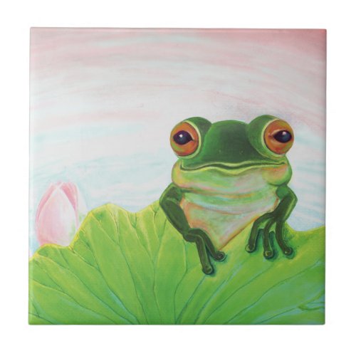 Green Frog Relaxing on the safety of the lily pad  Ceramic Tile