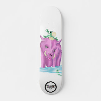 Green frog riding pink pig skateboard
