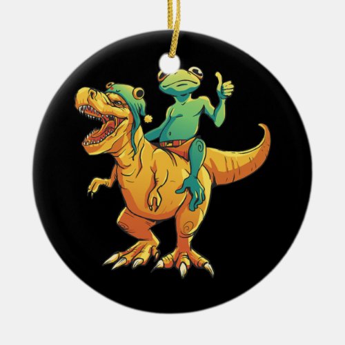 Green Frog Riding T rex Dinosaur Funny Boys Girls Ceramic Ornament