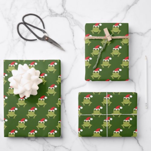 Green Frog Santa Hat Cartoon Novelty Christmas Wrapping Paper Sheets