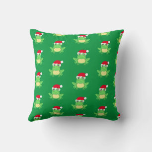 Green Frog Santa Hat Cartoon Pattern Novelty Funny Throw Pillow