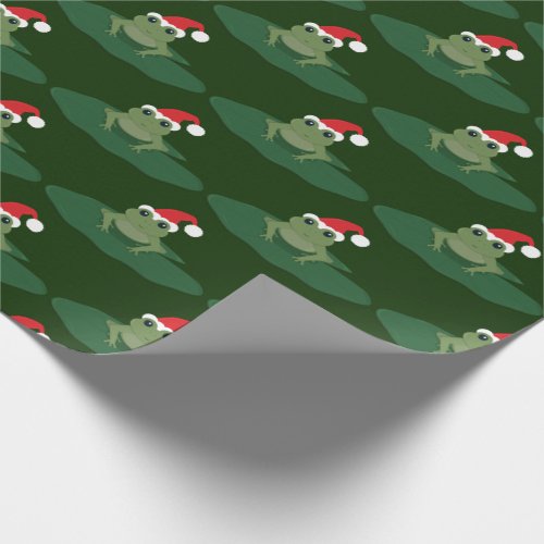Green Frog Santa Hat Lily Pad Novelty Christmas Wrapping Paper