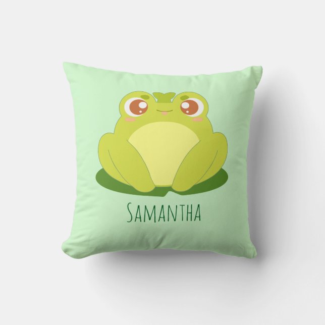 Green Frog Sitting On Leaf Throw Pillow (Front)