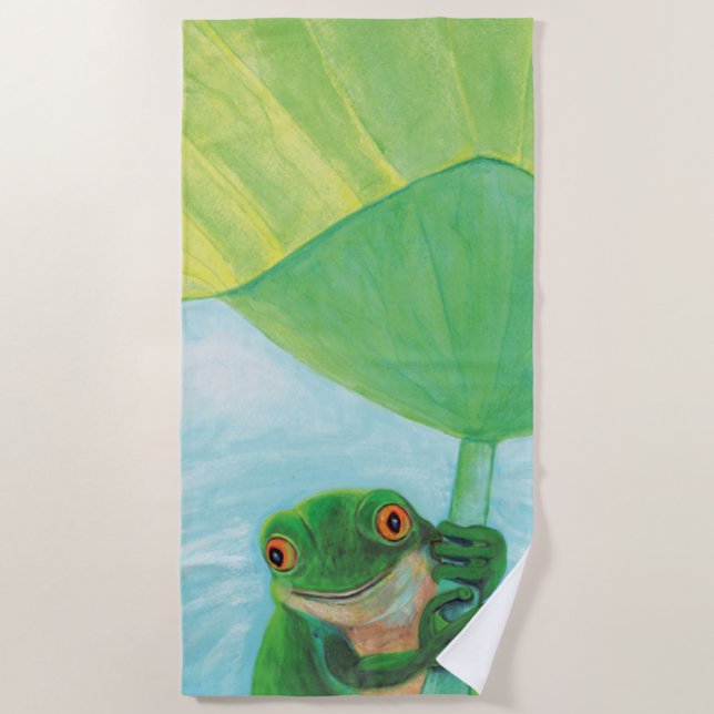 Green Frog under Lily Pad  Beach Towel (Front)