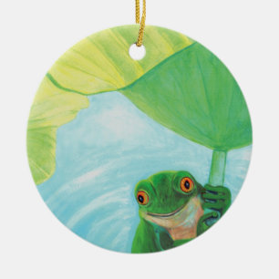 Green Frog under Lily Pad Ceramic Ornament