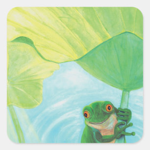Green Frog under Lily Pad Square Sticker