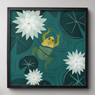 Green Frog & Water Lily Wall Art Peel And Stick Photo Tile
