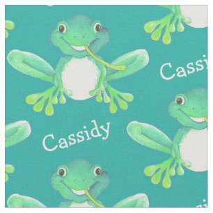 Green frog watercolor art name fabric