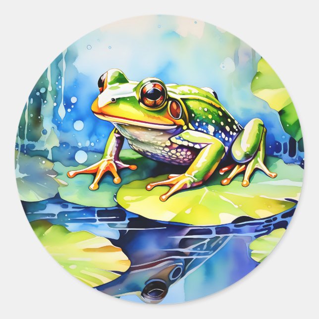 Green Frog Watercolor Classic Round Sticker (Front)