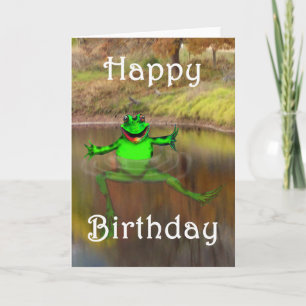 Green frog waving and swimming, Happy Birthday Card